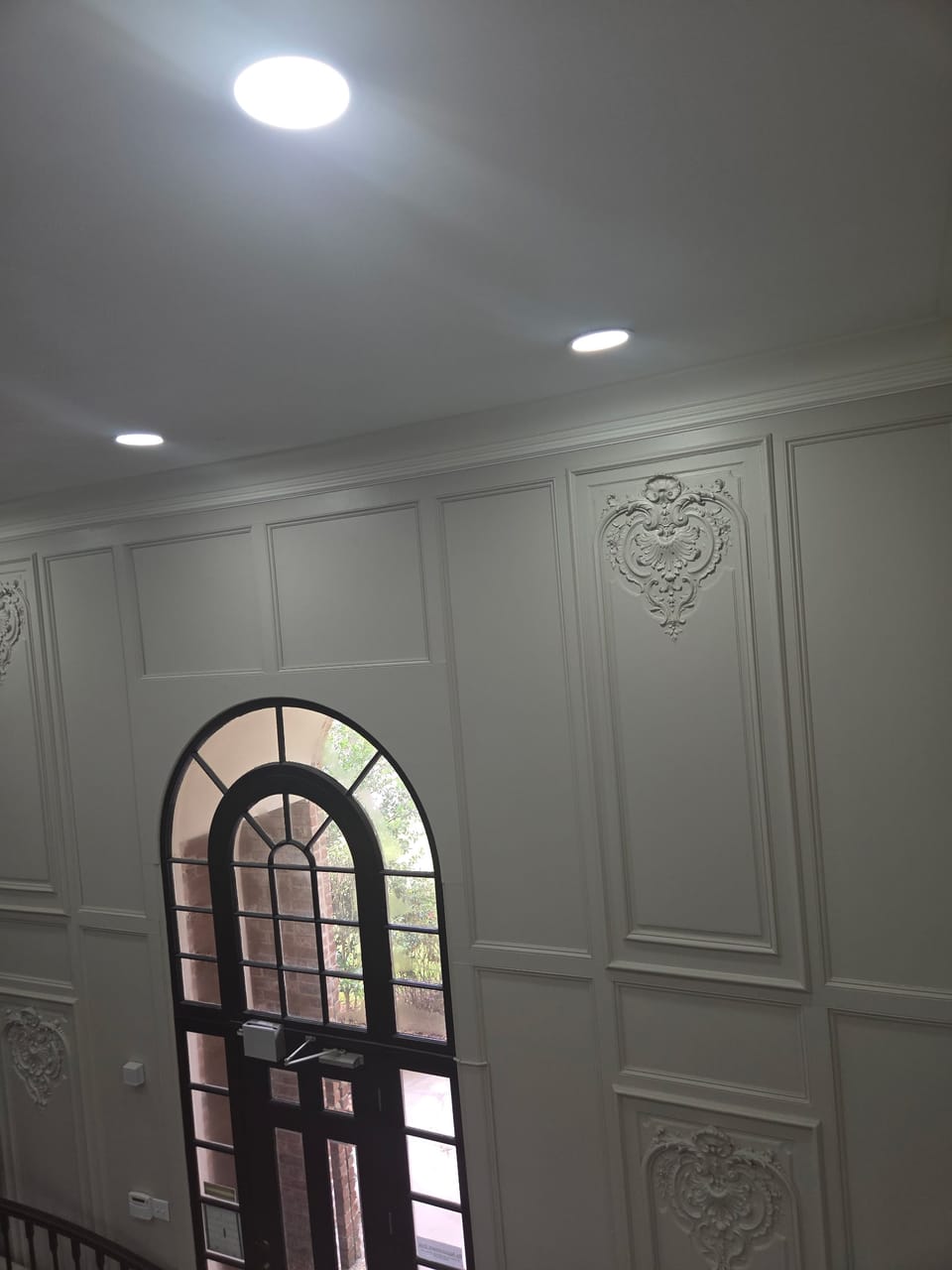 Paneled foyer with arched iron door